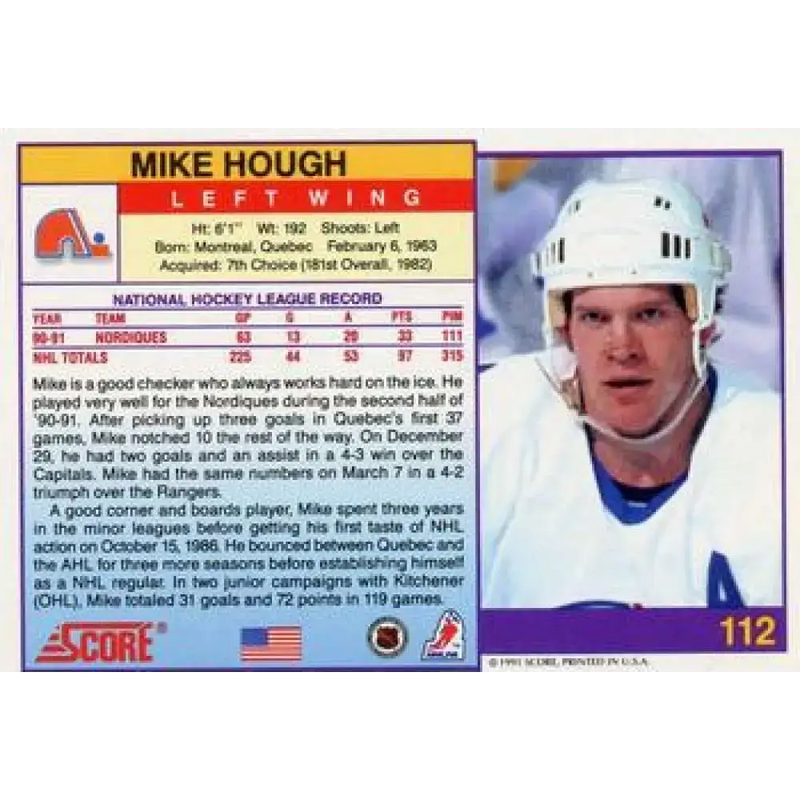 1991-92 Score American #112 Mike Hough NM-MT Quebec Nordiques Hockey Card - Hockey Card Single