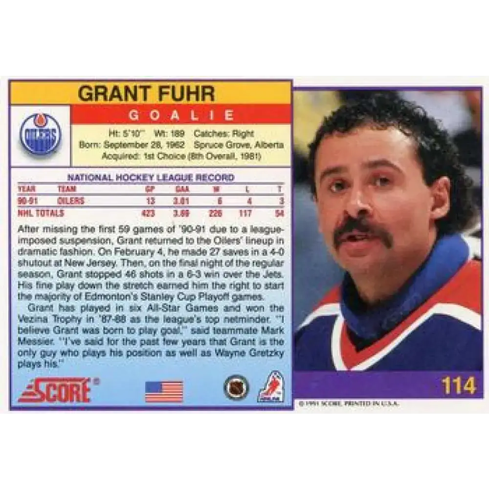 1991-92 Score American #114 Grant Fuhr NM-MT Edmonton Oilers Hockey Card
