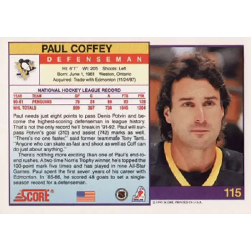 1991-92 Score American #115 Paul Coffey NM-MT Pittsburgh Penguins Hockey Card - Hockey Card Single
