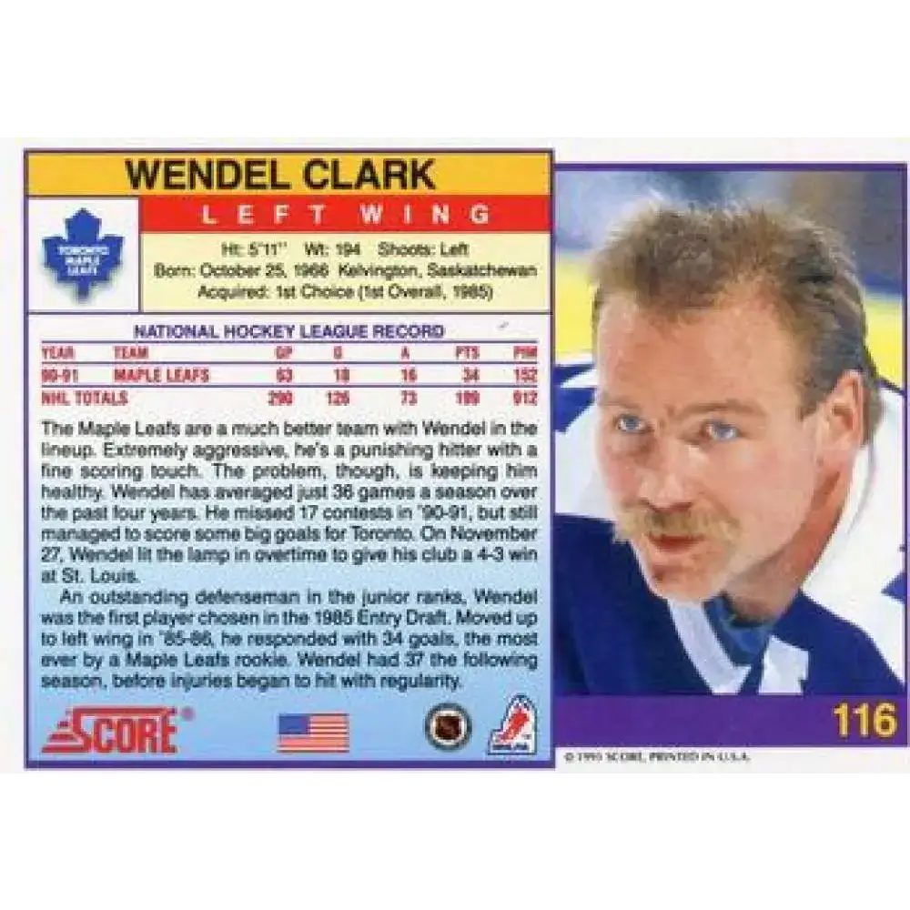 1991-92 Score American #116 Wendel Clark NM-MT Toronto Maple Leafs Hockey Card - Hockey Card Single