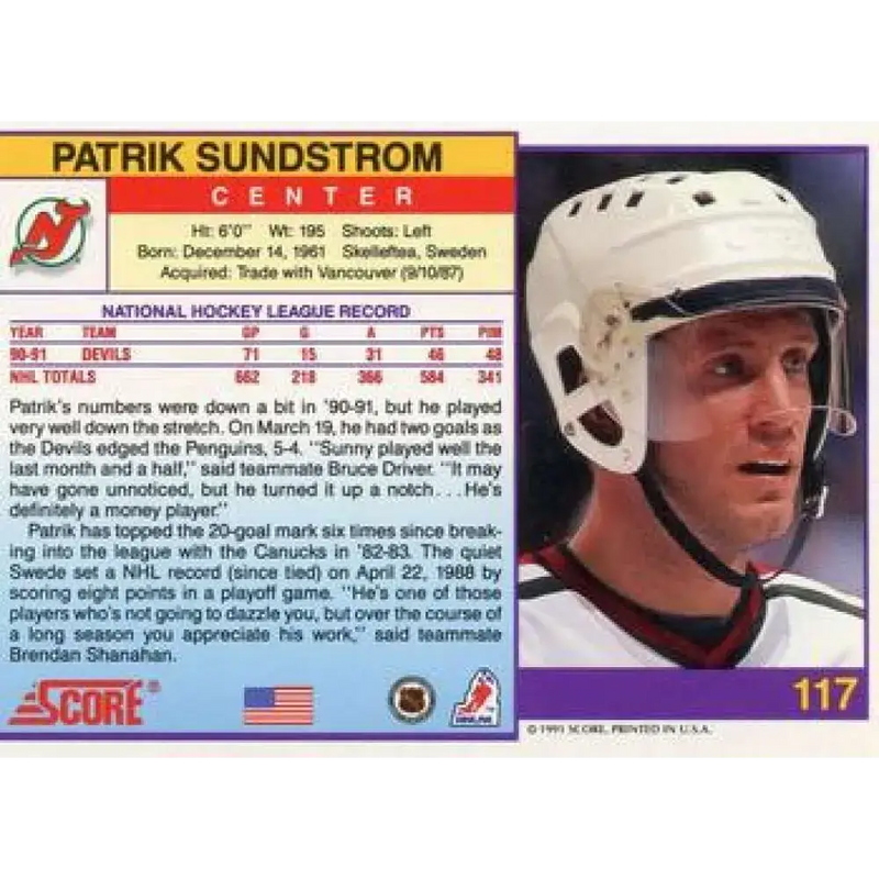 1991-92 Score American #117 Patrik Sundstrom NM-MT New Jersey Devils Hockey Card - Hockey Card Single
