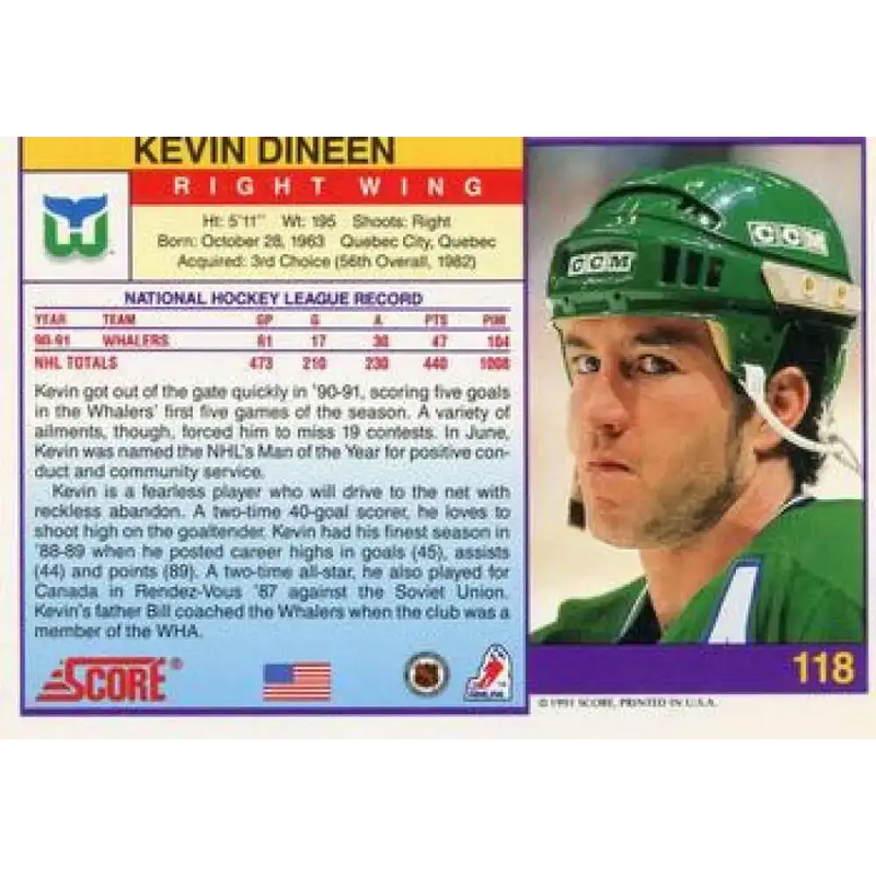 1991-92 Score American #118 Kevin Dineen NM-MT Hartford Whalers Hockey Card - Hockey Card Single