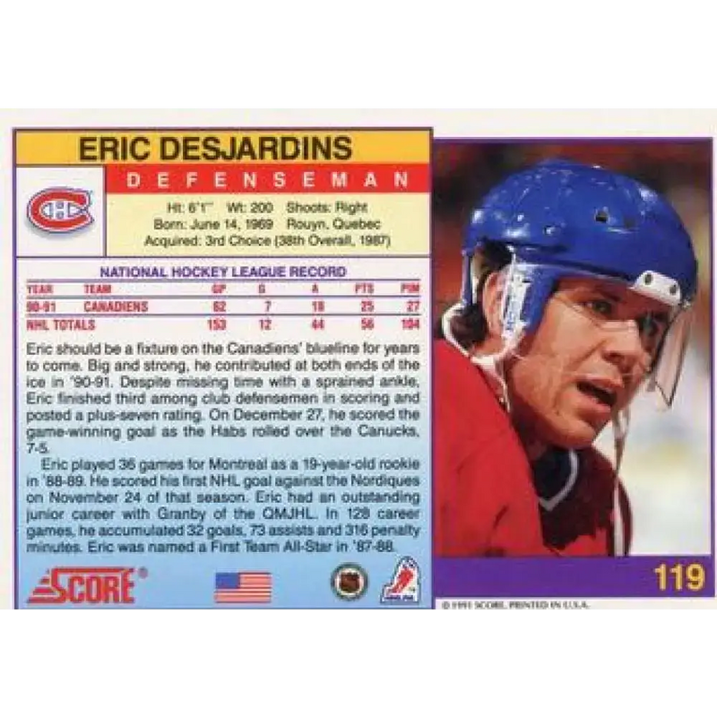 1991-92 Score American #119 Eric Desjardins NM-MT Montreal Canadiens Hockey Card - Hockey Card Single