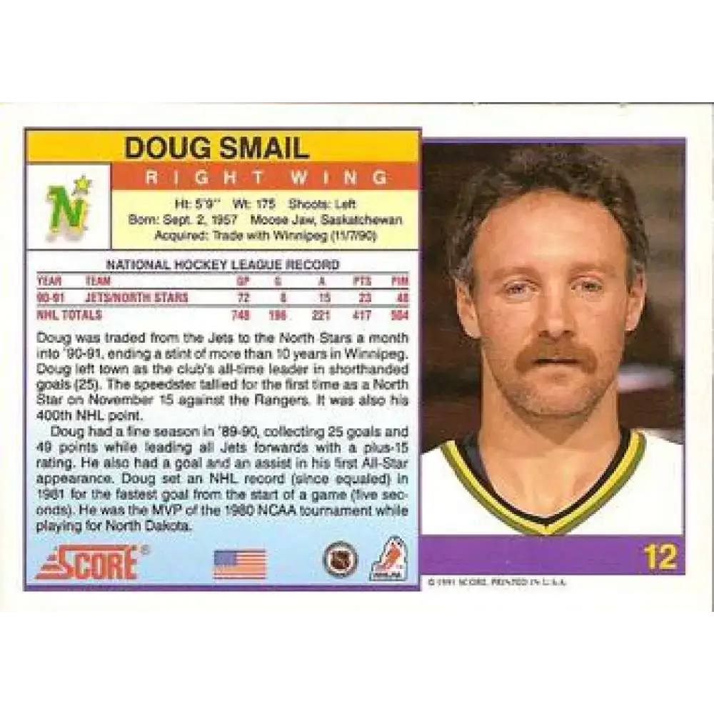 1991-92 Score American #12 Doug Smail NM-MT Minnesota North Stars Hockey Card - Hockey Card Single