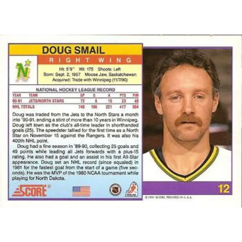 1991-92 Score American #12 Doug Smail NM-MT Minnesota North Stars Hockey Card - Hockey Card Single