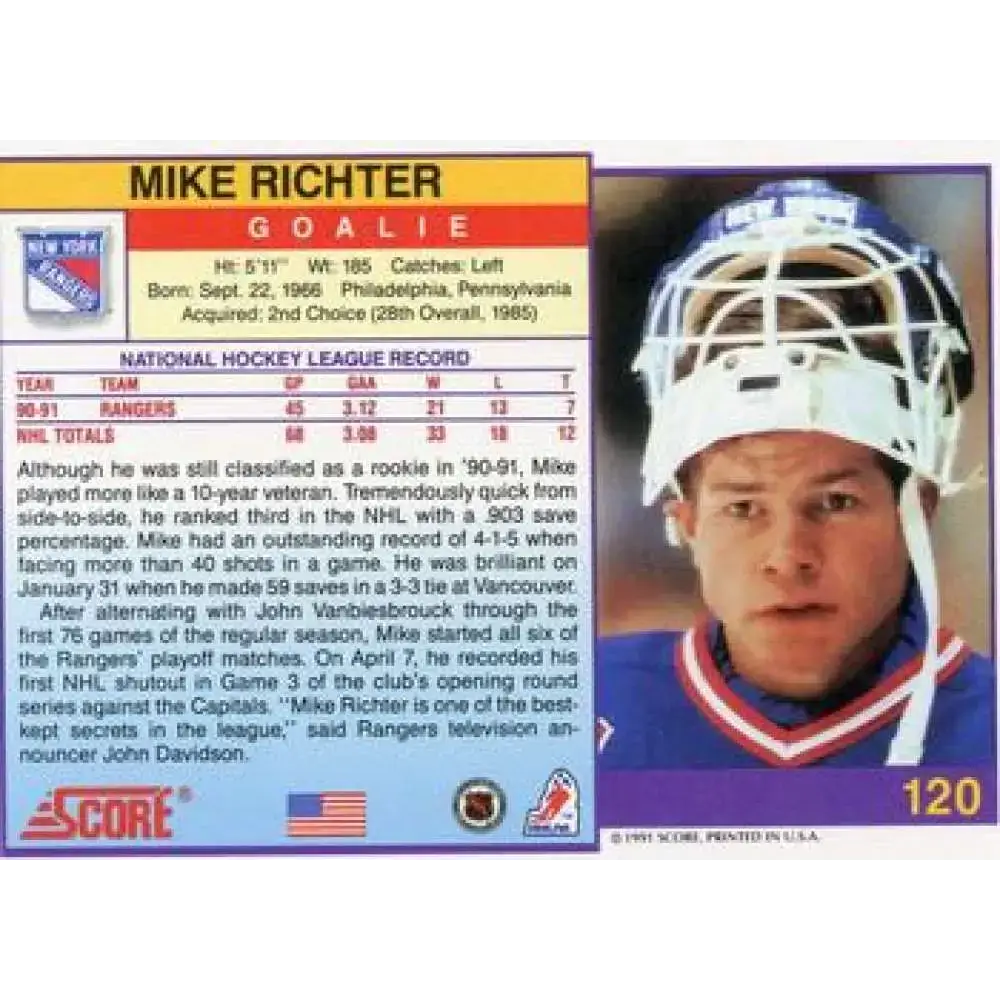 1991-92 Score American #120 Mike Richter NM-MT New York Rangers Hockey Card - Hockey Card Single