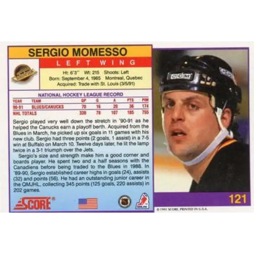 1991-92 Score American #121 Sergio Momesso NM-MT Vancouver Canucks Hockey Card - Hockey Card Single
