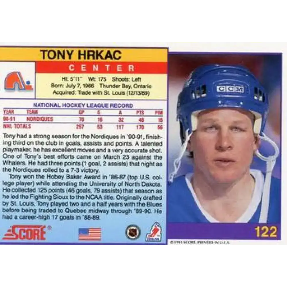 1991-92 Score American #122 Tony Hrkac NM-MT Quebec Nordiques Hockey Card - Hockey Card Single