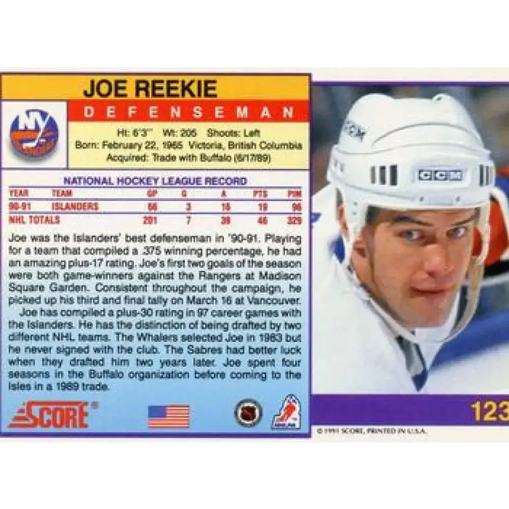1991-92 Score American #123 Joe Reekie NM-MT New York Rangers Hockey Card - Hockey Card Single