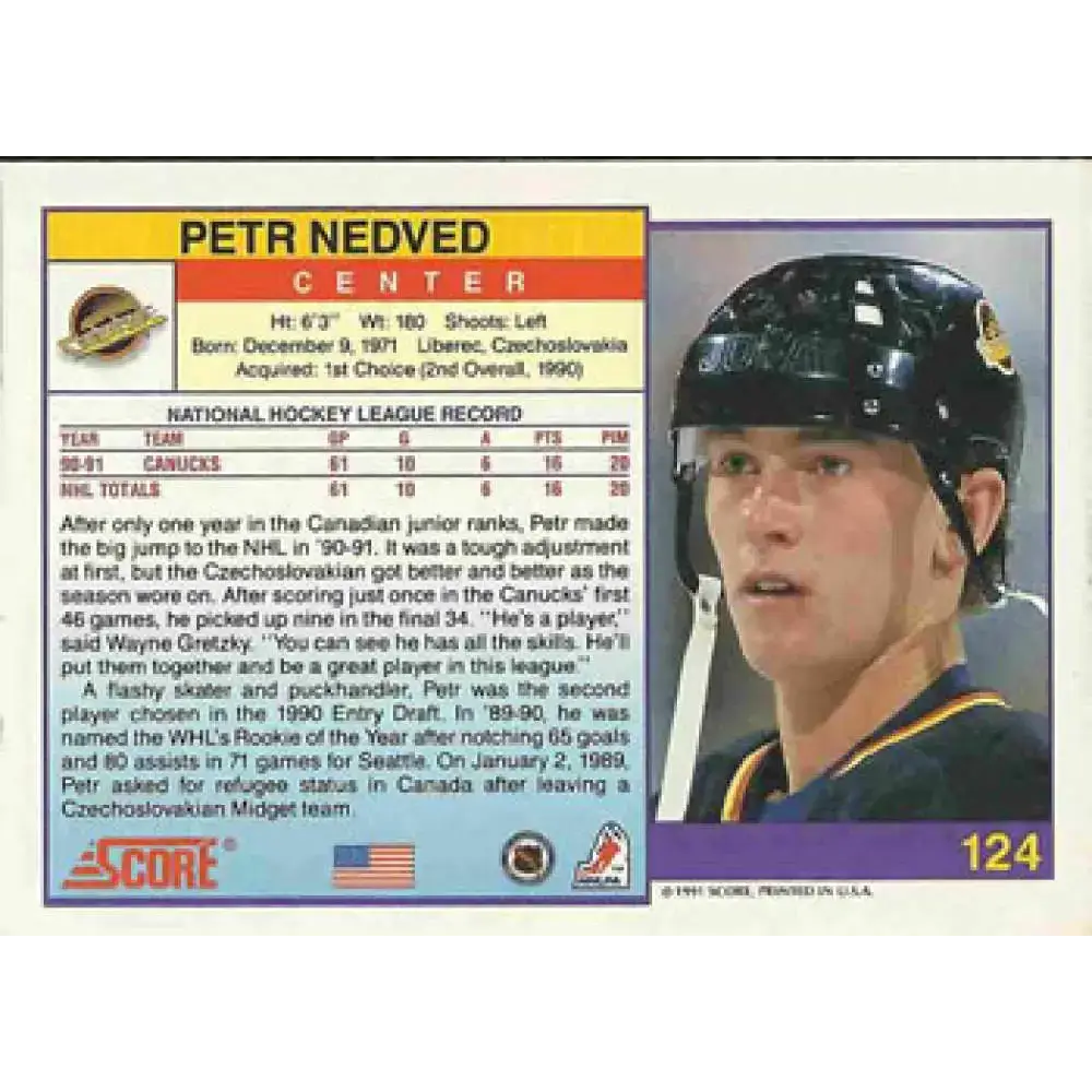 1991-92 Score American #124 Petr Nedved NM-MT Vancouver Canucks Hockey Card - Hockey Card Single