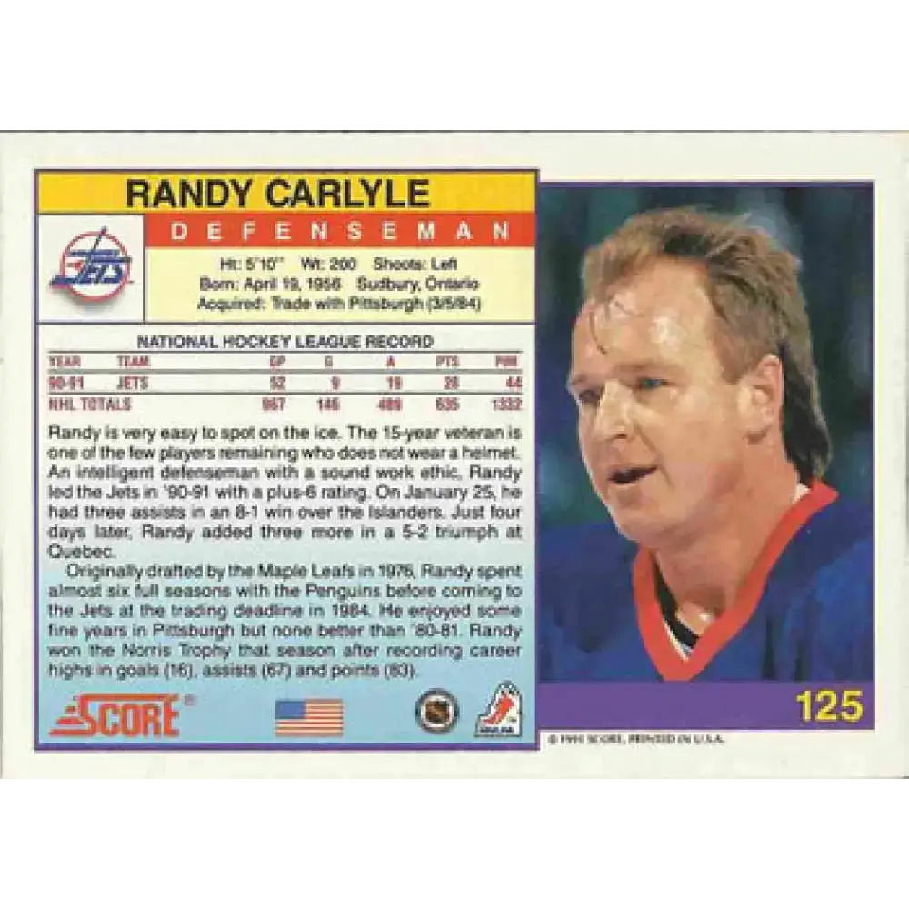 1991-92 Score American #125 Randy Carlyle NM-MT Winnipeg Jets Hockey Card - Hockey Card Single