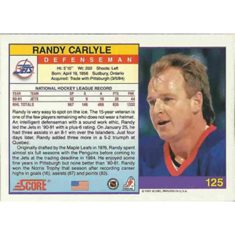 1991-92 Score American #125 Randy Carlyle NM-MT Winnipeg Jets Hockey Card - Hockey Card Single