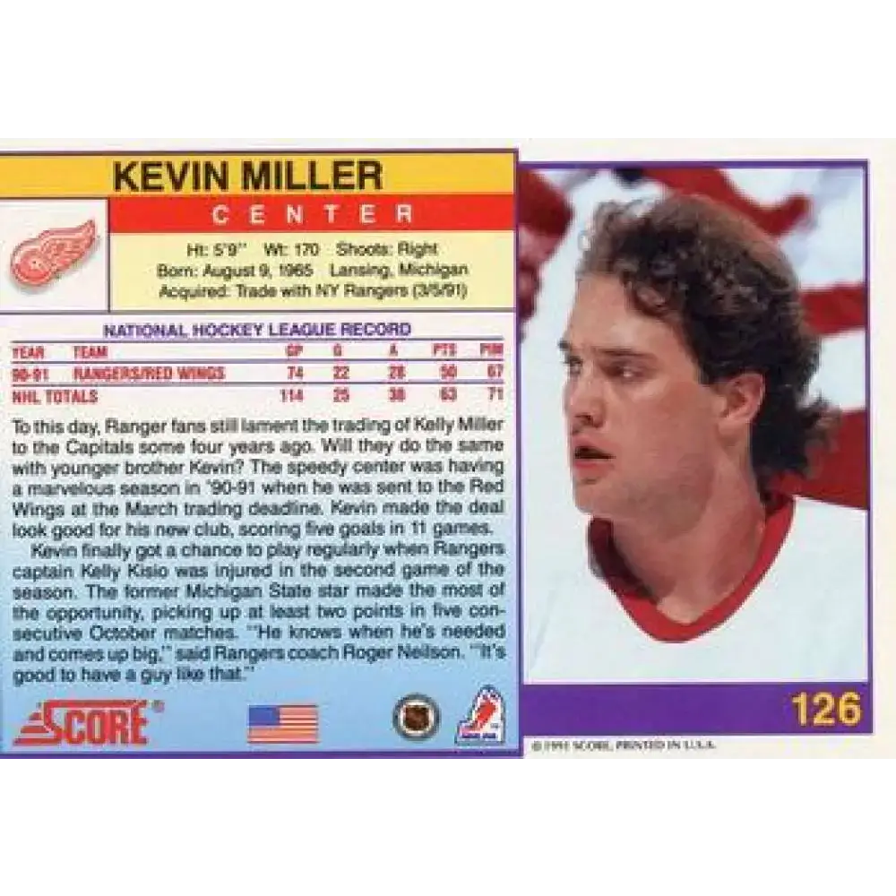 1991-92 Score American #126 Kevin Miller NM-MT Detroit Red Wings Hockey Card - Hockey Card Single