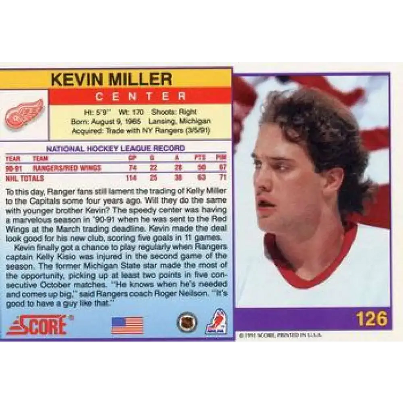 1991-92 Score American #126 Kevin Miller NM-MT Detroit Red Wings Hockey Card - Hockey Card Single