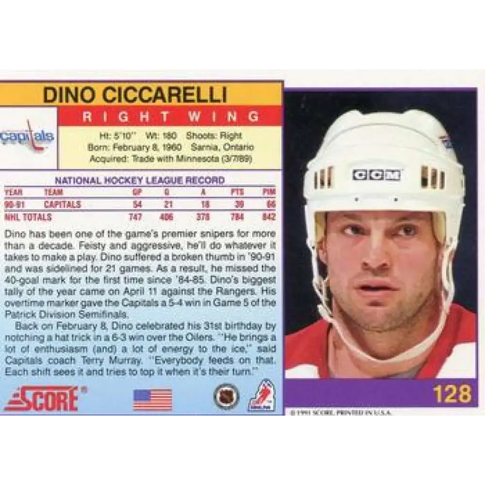 1991-92 Score American #128 Dino Ciccarelli NM-MT Washington Capitals Hockey Card - Hockey Card Single