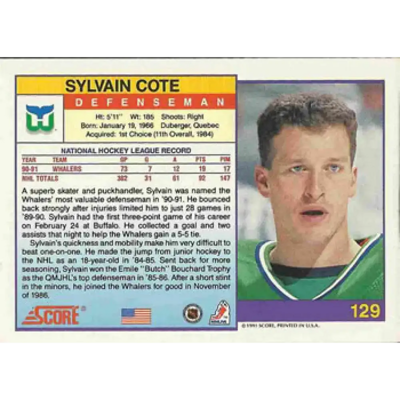 1991-92 Score American #129 Sylvain Cote NM-MT Hartford Whalers Hockey Card - Hockey Card Single