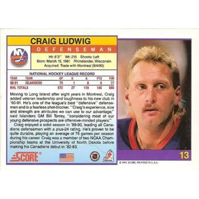 1991-92 Score American #13 Craig Ludwig NM-MT New York Islanders Hockey Card - Hockey Card Single