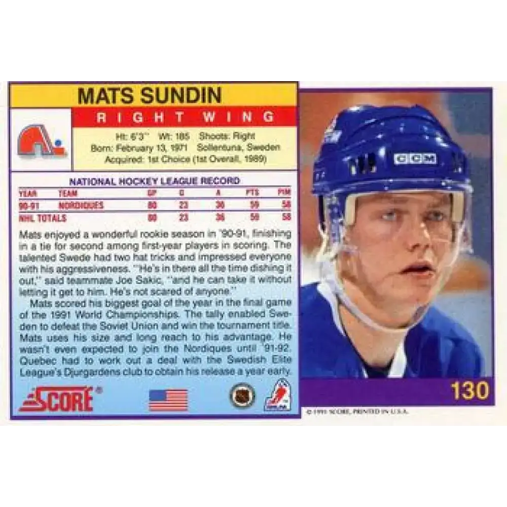 1991-92 Score American #130 Mats Sundin NM-MT Quebec Nordiques Hockey Card - Hockey Card Single