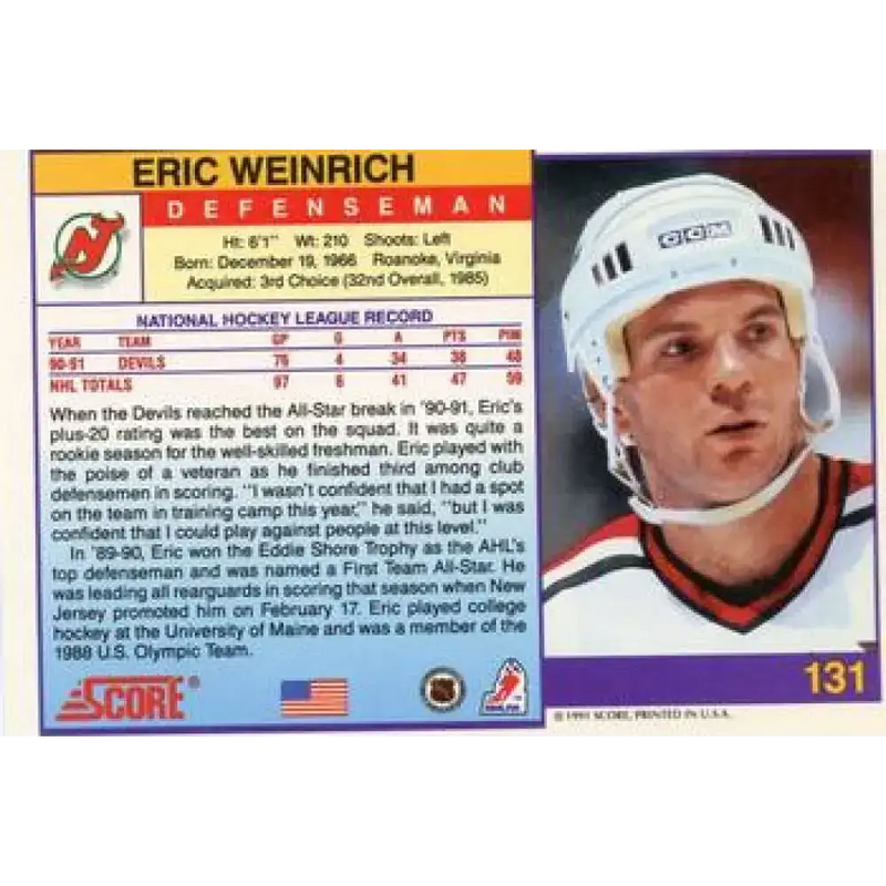 1991-92 Score American #131 Eric Weinrich NM-MT New Jersey Devils Hockey Card - Hockey Card Single