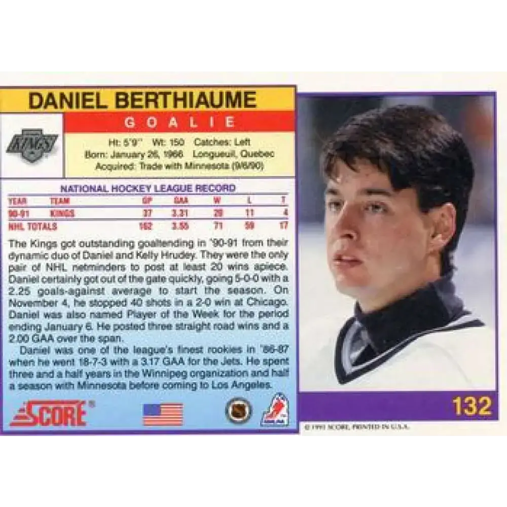 1991-92 Score American #132 Daniel Berthiaume NM-MT Los Angeles Kings Hockey Card - Hockey Card Single