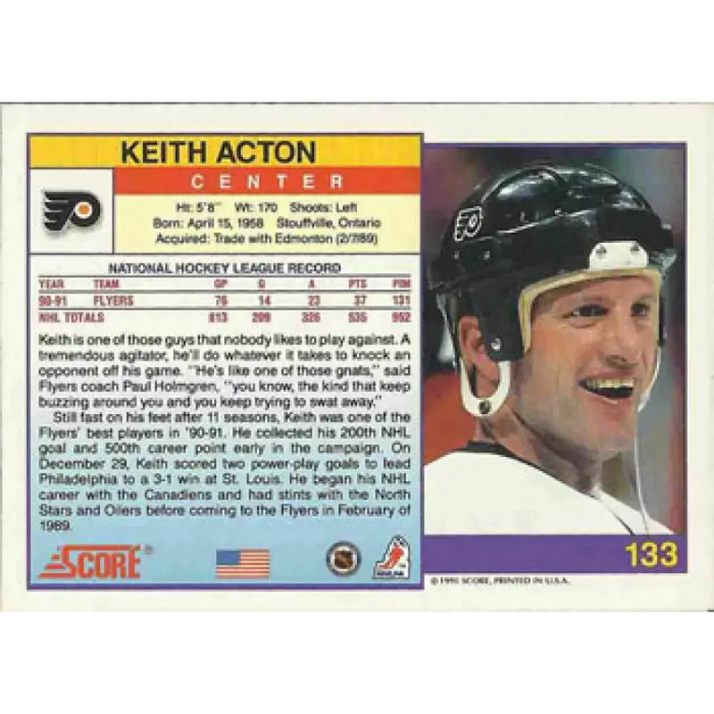 1991-92 Score American #133 Keith Acton NM-MT Philadelphia Flyers Hockey Card - Hockey Card Single