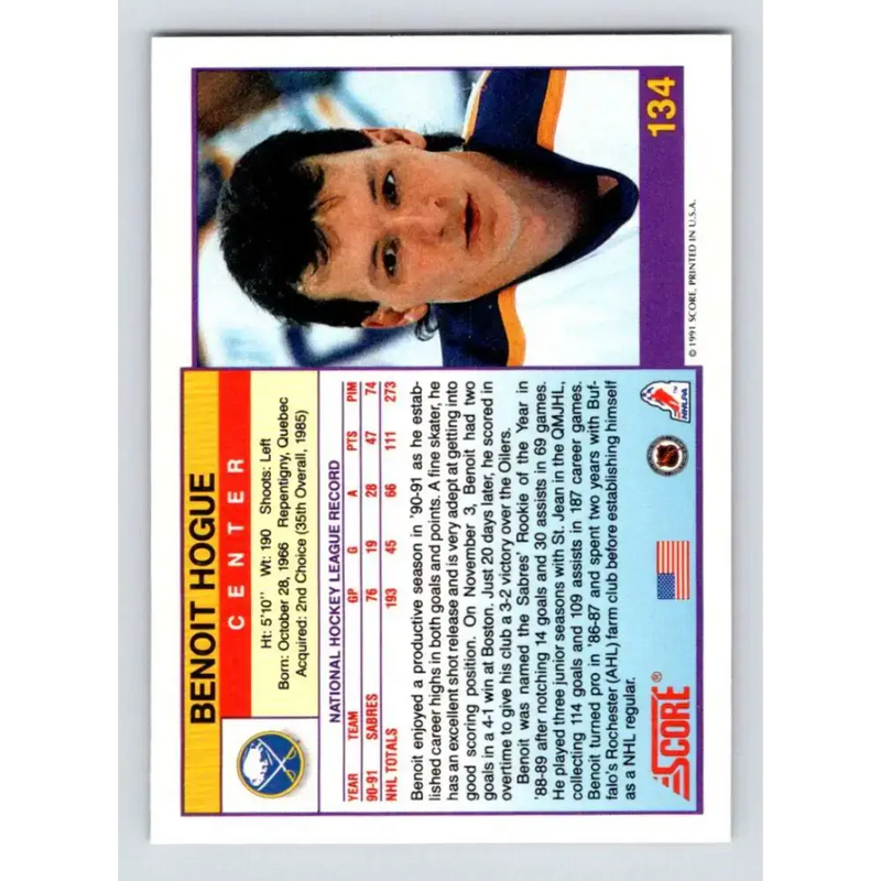 1991-92 Score American #134 Benoit Hogue NM-MT Buffalo Sabres Hockey Card - Hockey Card Single