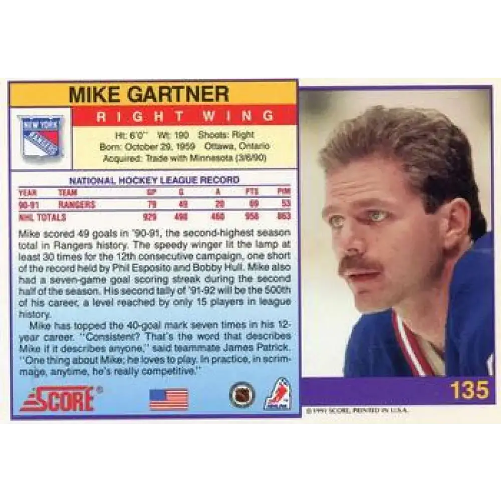 1991-92 Score American #135 Mike Gartner NM-MT New York Rangers Hockey Card - Hockey Card Single
