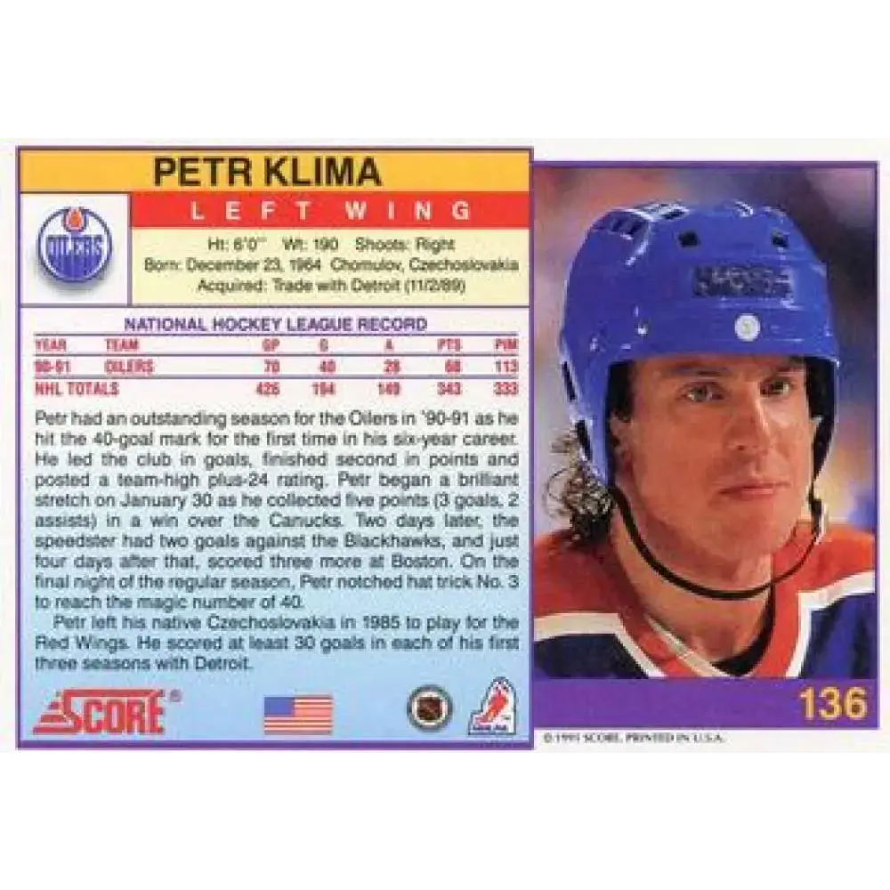 1991-92 Score American #136 Petr Klima NM-MT Edmonton Oilers Hockey Card
