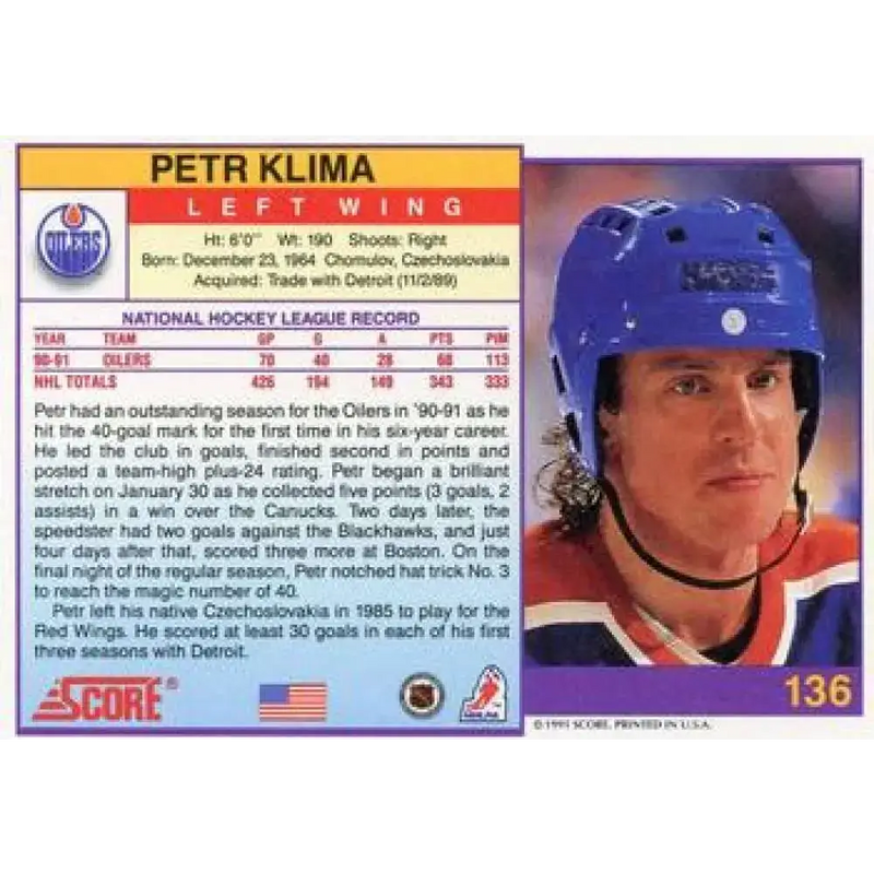1991-92 Score American #136 Petr Klima NM-MT Edmonton Oilers Hockey Card