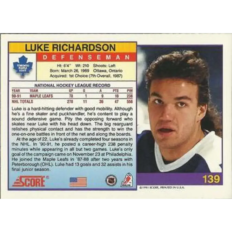 1991-92 Score American #139 Luke Richardson NM-MT Toronto Maple Leafs Hockey Card - Hockey Card Single