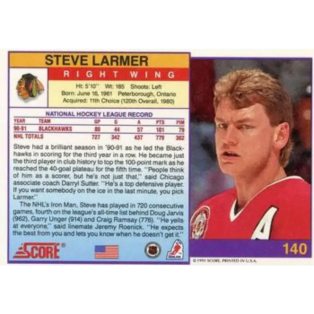 1991-92 Score American #140 Steve Larmer NM-MT Chicago Blackhawks Hockey Card - Hockey Card Single