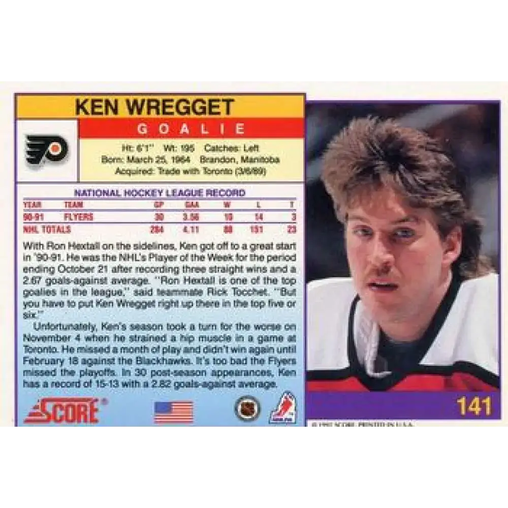 1991-92 Score American #141 Ken Wregget NM-MT Philadelphia Flyers Hockey Card