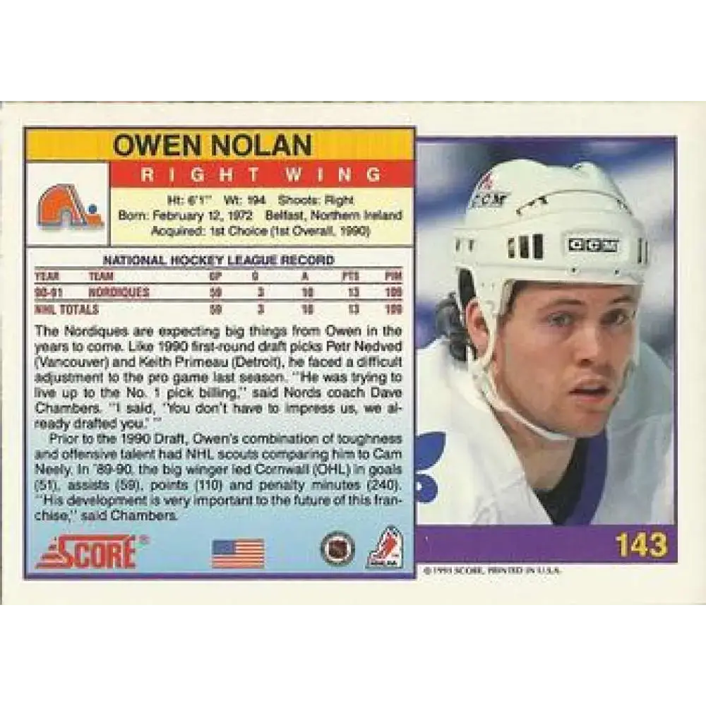1991-92 Score American #143 Owen Nolan NM-MT Quebec Nordiques Hockey Card