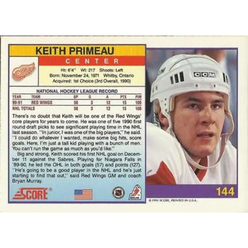 1991-92 Score American #144 Keith Primeau NM-MT Detroit Red Wings Hockey Card - Hockey Card Single