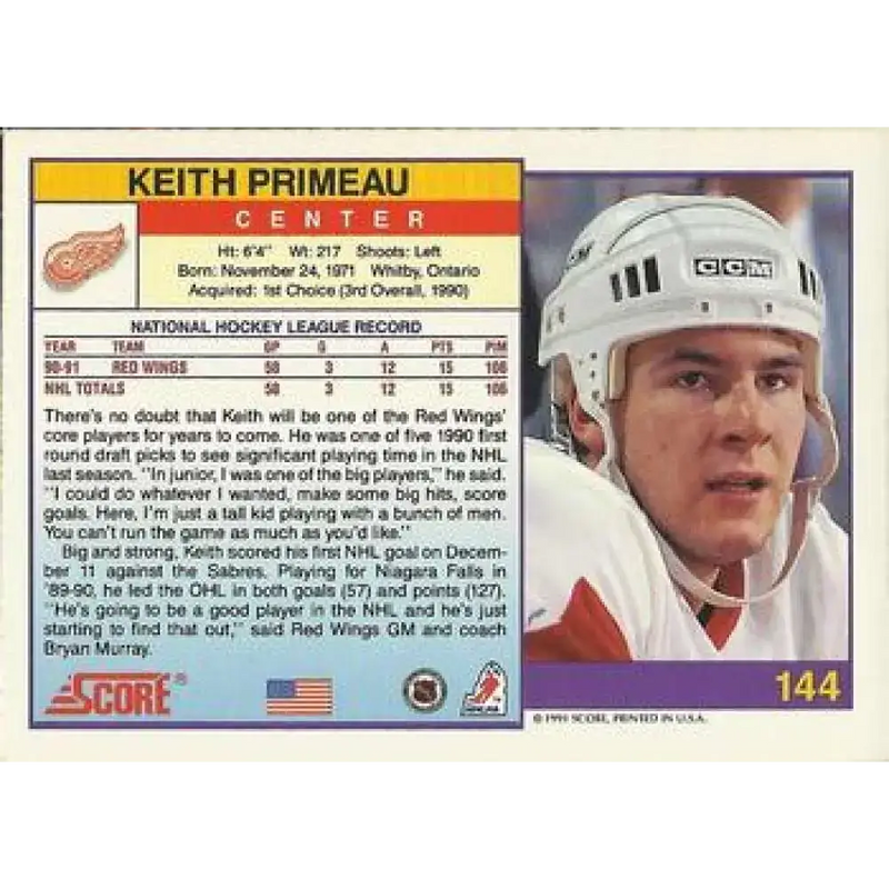 1991-92 Score American #144 Keith Primeau NM-MT Detroit Red Wings Hockey Card - Hockey Card Single