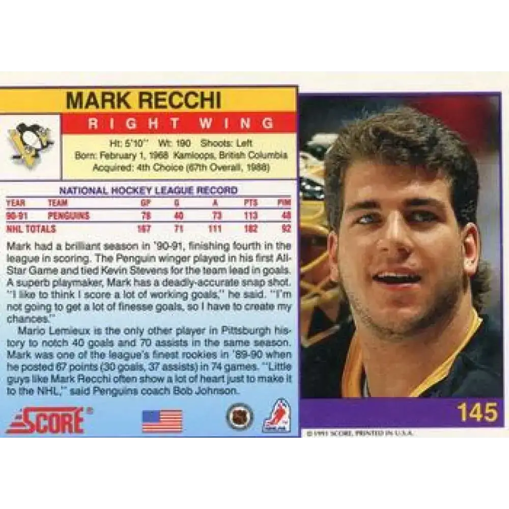 1991-92 Score American #145 Mark Recchi NM-MT Pittsburgh Penguins Hockey Card - Hockey Card Single