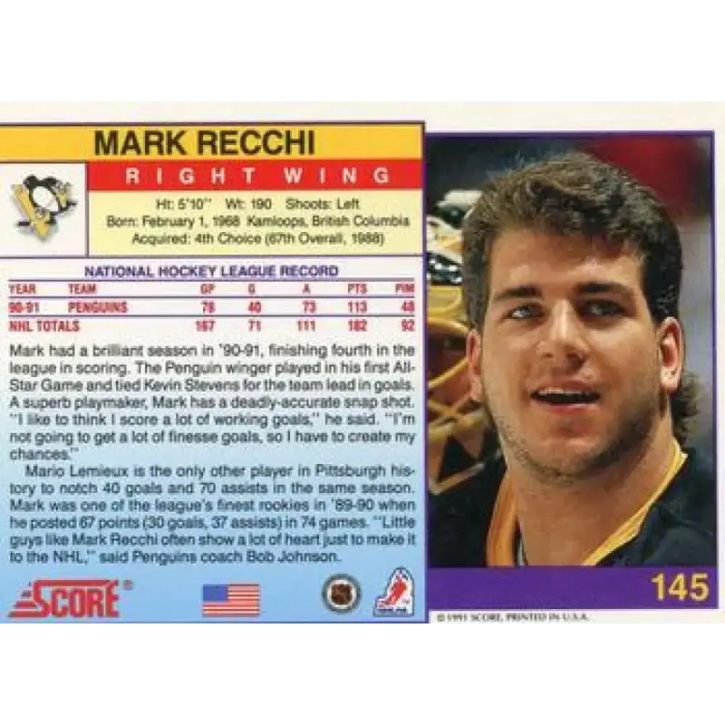 1991-92 Score American #145 Mark Recchi NM-MT Pittsburgh Penguins Hockey Card - Hockey Card Single