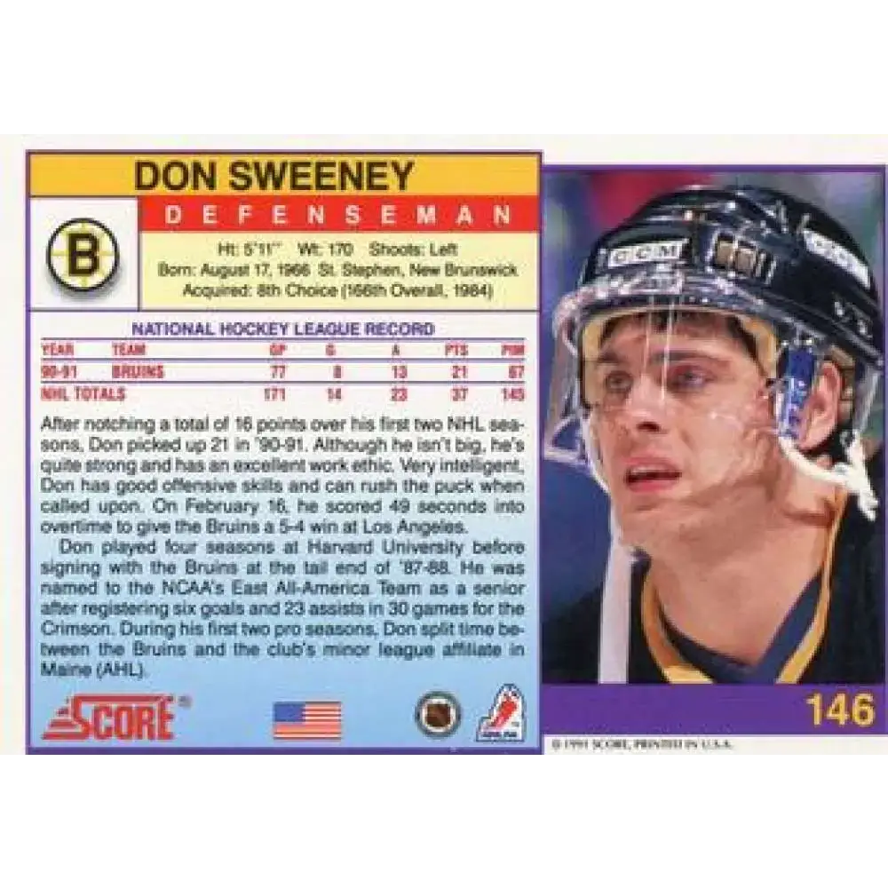1991-92 Score American #146 Don Sweeney NM-MT Boston Bruins Hockey Card - Hockey Card Single