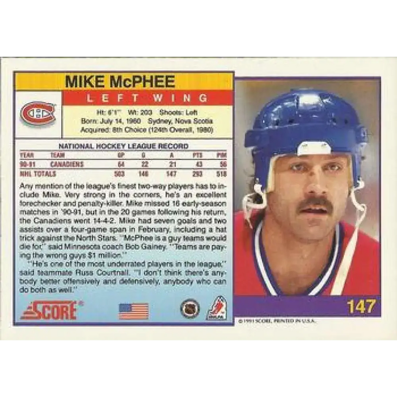 1991-92 Score American #147 Mike McPhee NM-MT Montreal Canadiens Hockey Card - Hockey Card Single