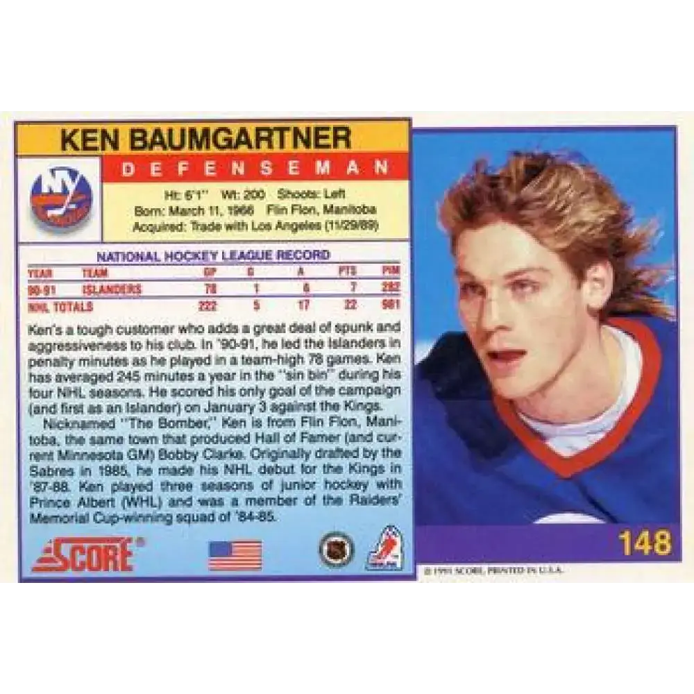 1991-92 Score American #148 Ken Baumgartner NM-MT New York Islanders Hockey Card