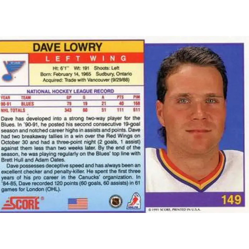 1991-92 Score American #149 Dave Lowry NM-MT St. Louis Blues Hockey Card - Hockey Card Single