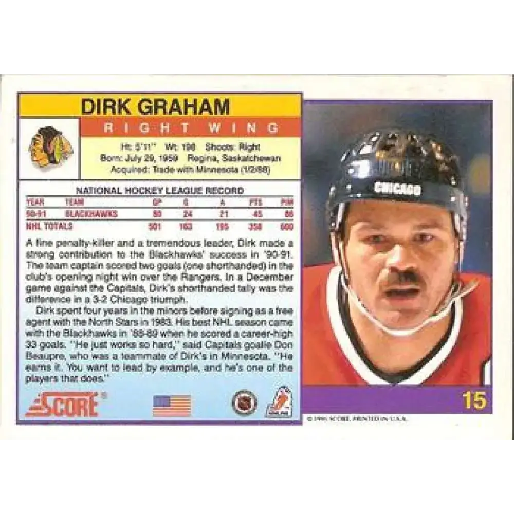 1991-92 Score American #15 Dirk Graham NM-MT Chicago Blackhawks Hockey Card - Hockey Card Single