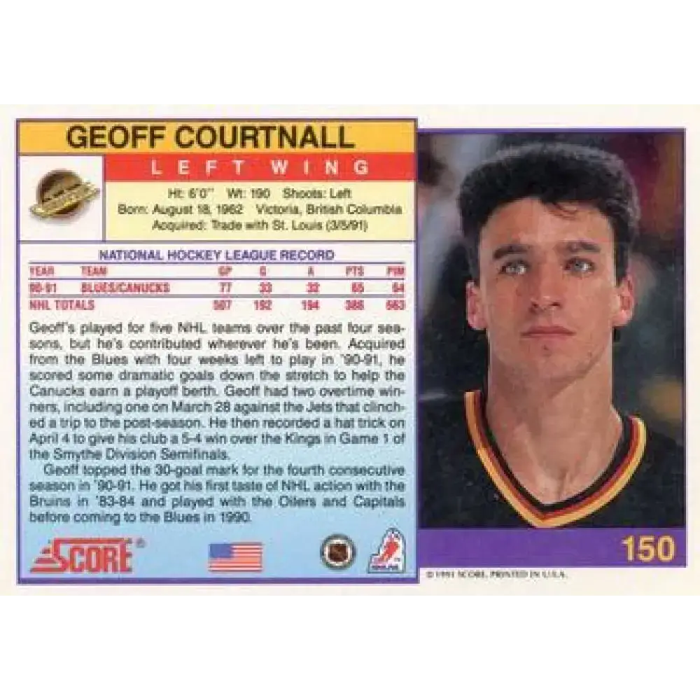 1991-92 Score American #150 Geoff Courtnall NM-MT Vancouver Canucks Hockey Card - Hockey Card Single