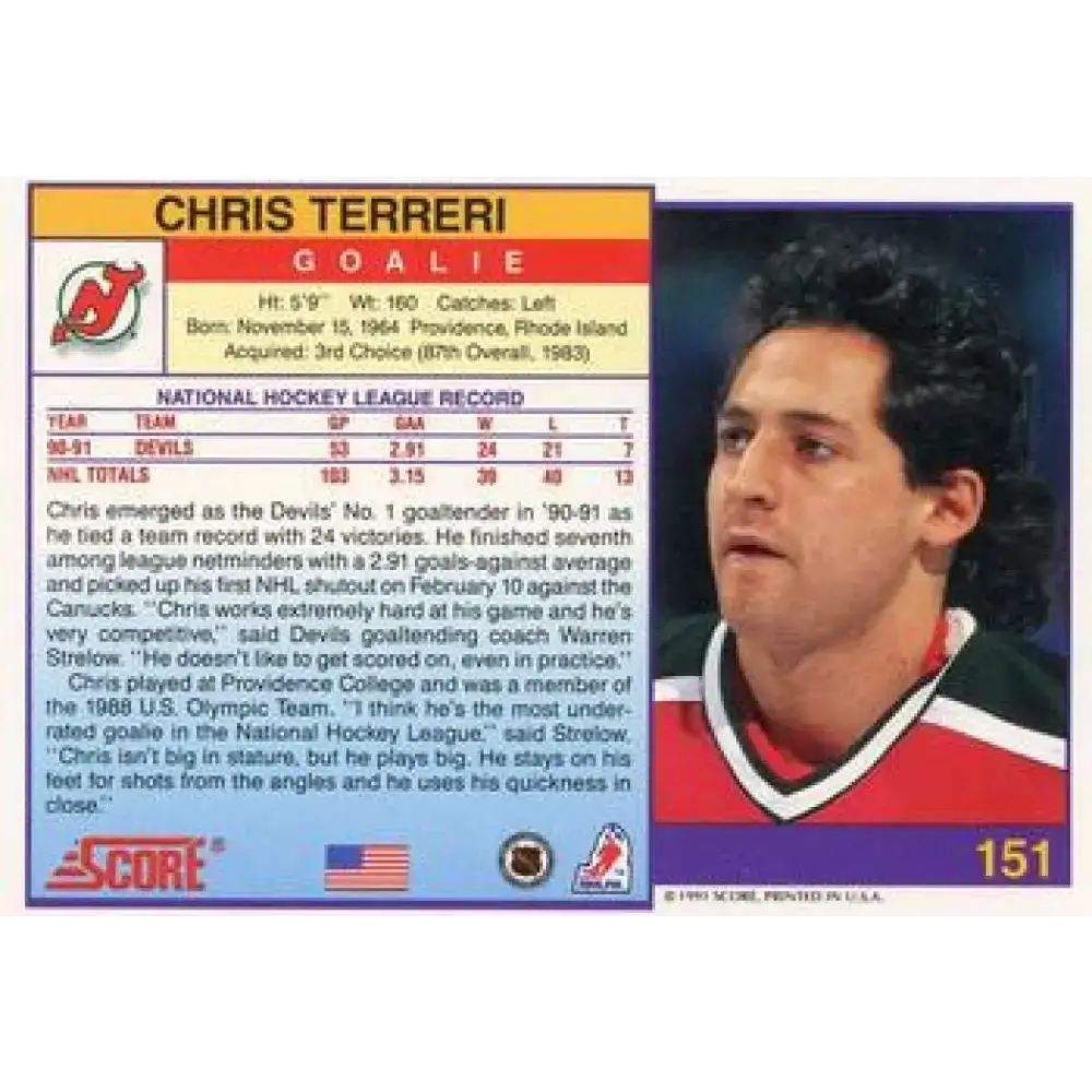 1991-92 Score American #151 Chris Terreri NM-MT New Jersey Devils Hockey Card - Hockey Card Single