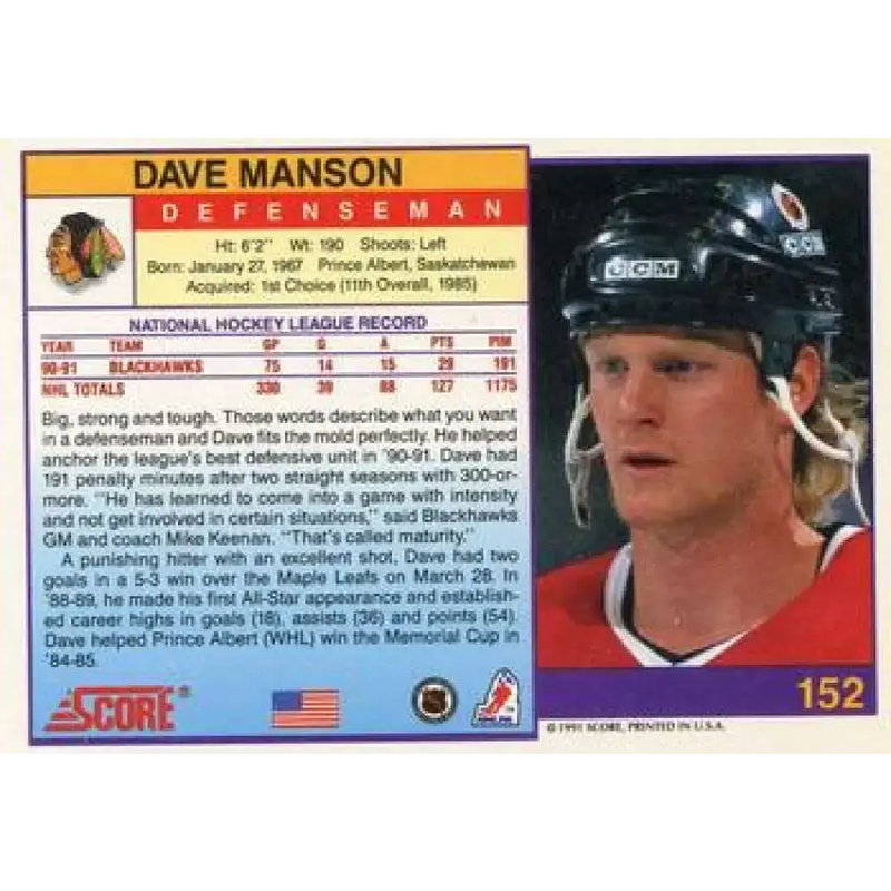 1991-92 Score American #152 Dave Manson NM-MT Chicago Blackhawks Hockey Card - Hockey Card Single