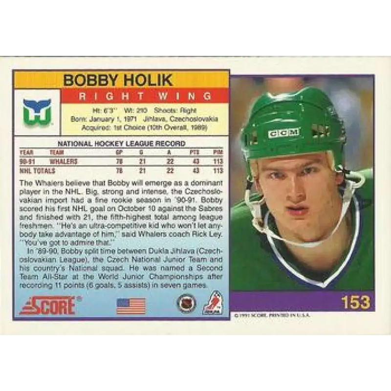 1991-92 Score American #153 Bobby Holik NM-MT Hartford Whalers Hockey Card - Hockey Card Single