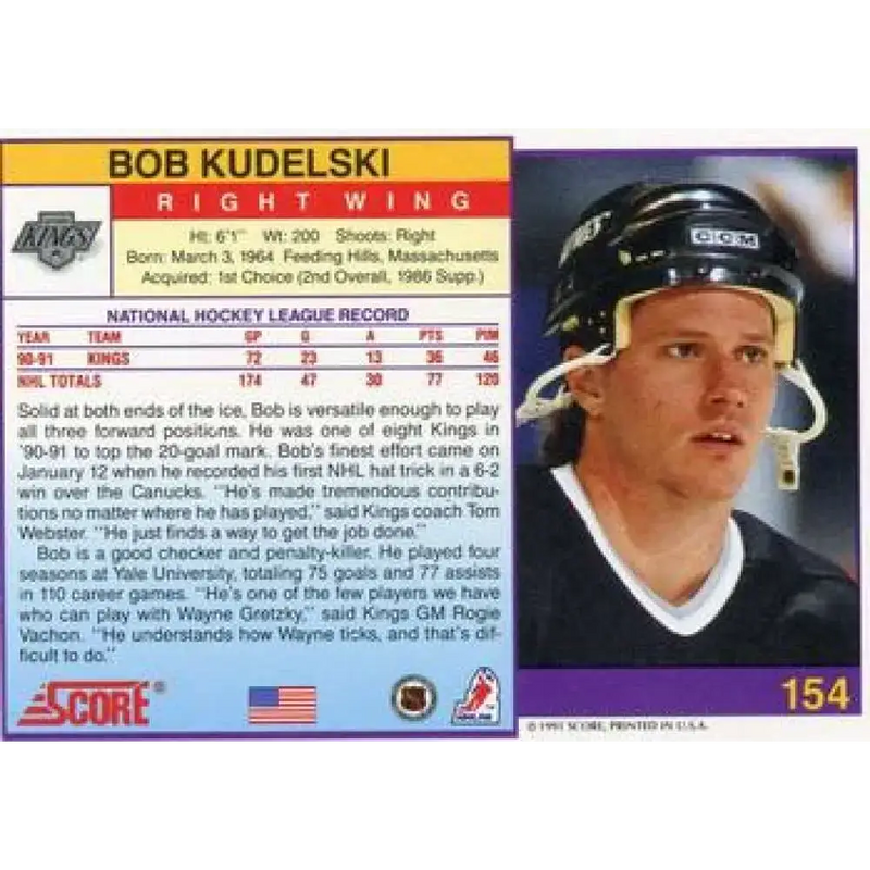 1991-92 Score American #154 Bob Kudelski NM-MT Los Angeles Kings Hockey Card - Hockey Card Single