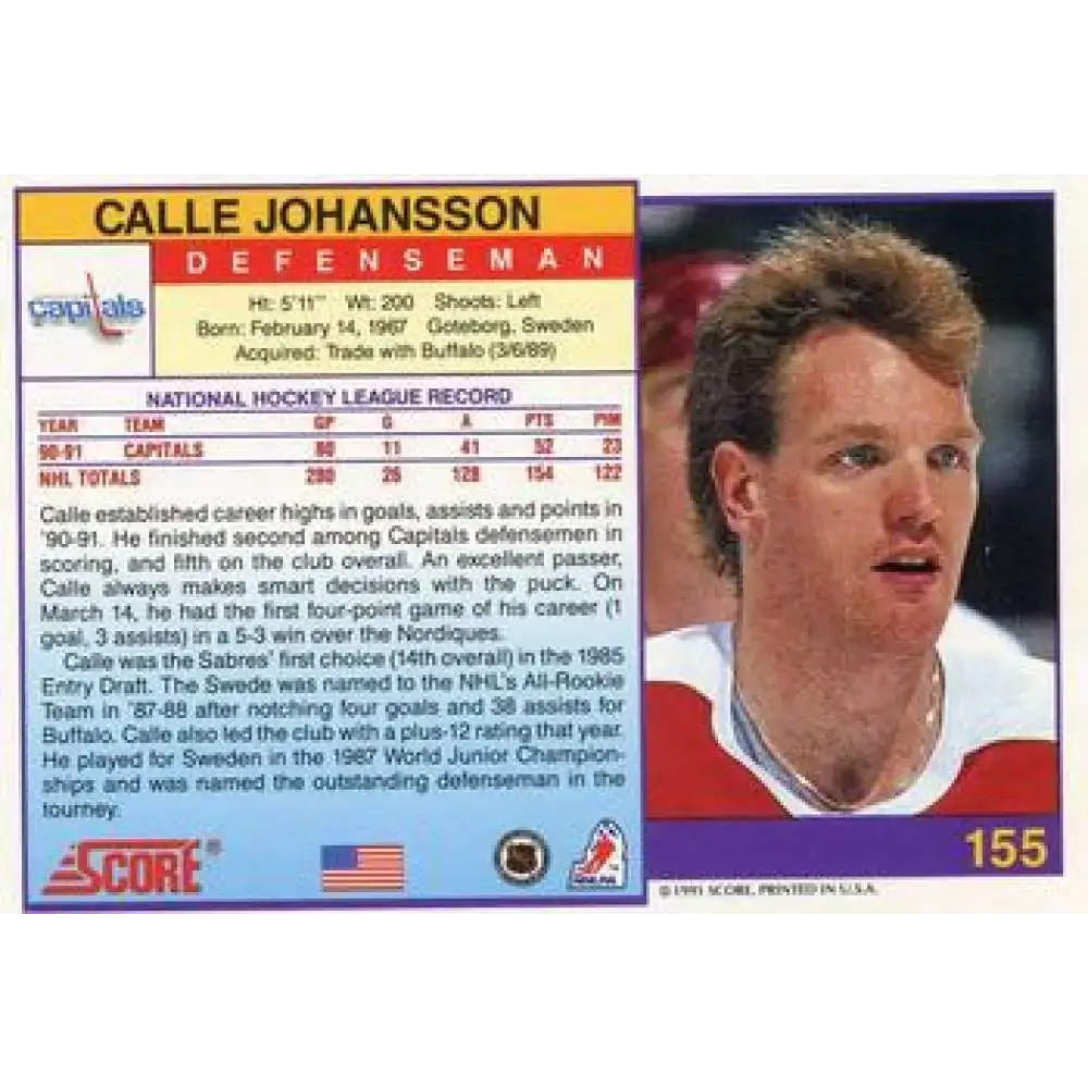 1991-92 Score American #155 Calle Johansson NM-MT Washington Capitals Hockey Card - Hockey Card Single