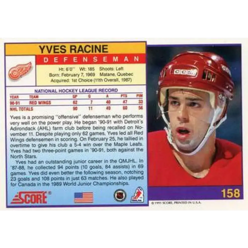 1991-92 Score American #158 Yves Racine NM-MT Detroit Red Wings Hockey Card - Hockey Card Single