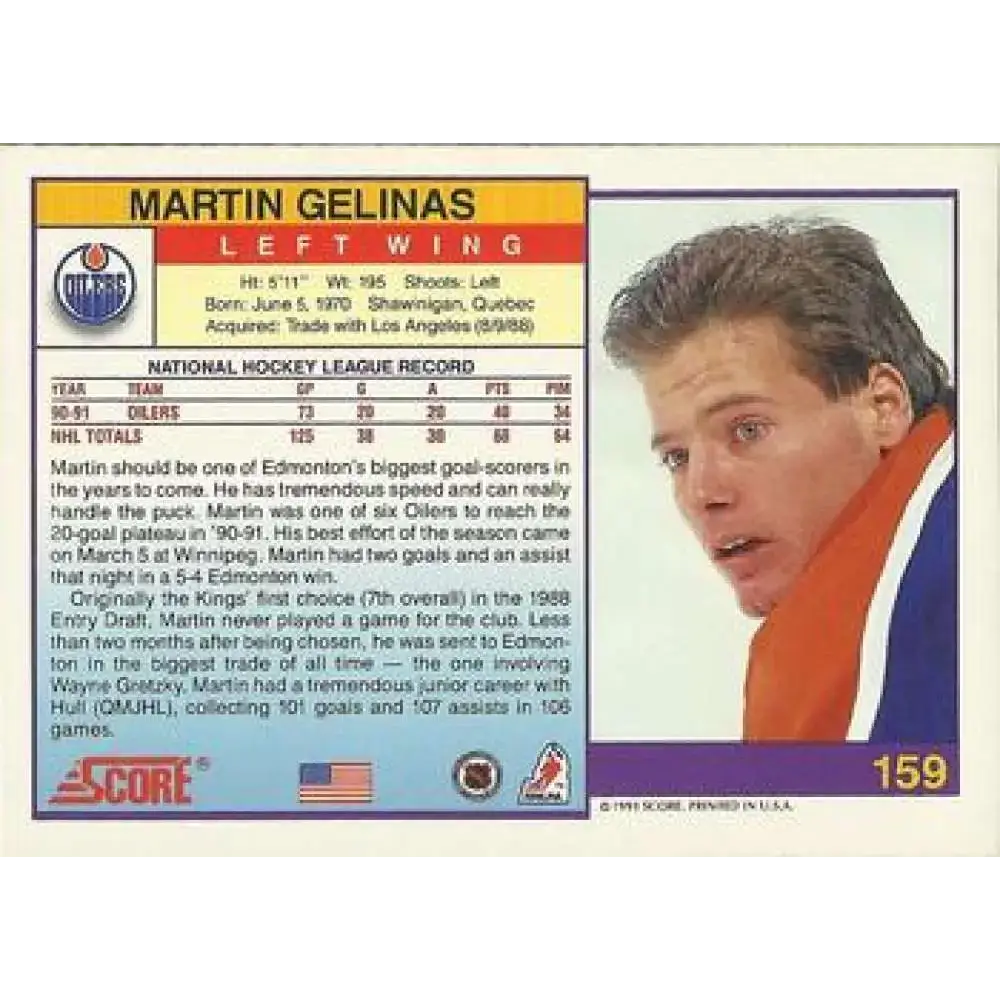 1991-92 Score American #159 Martin Gelinas NM-MT Edmonton Oilers Hockey Card - Hockey Card Single